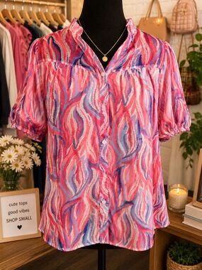 Bright Pink & Blue Button-Front Blouse